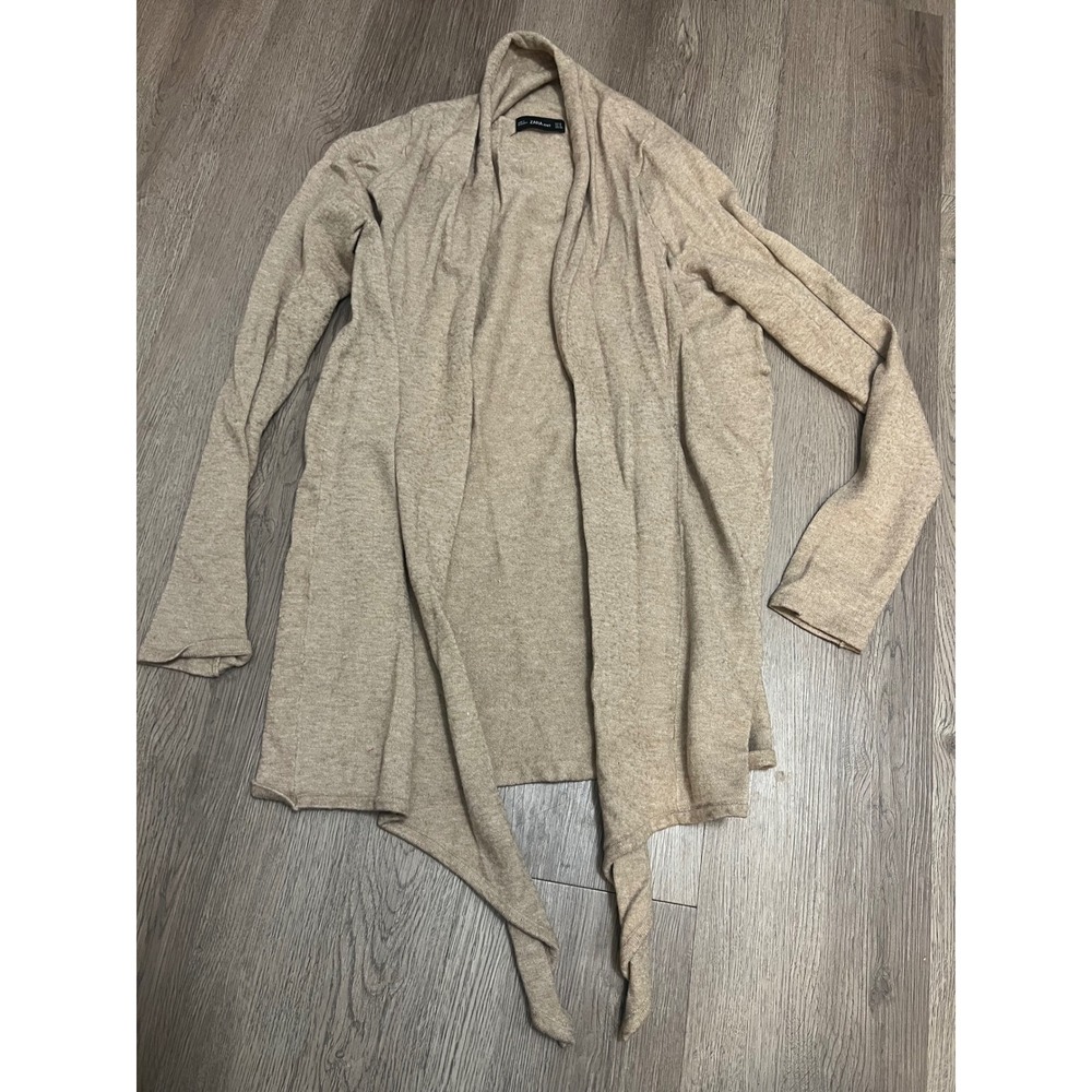 Zara Knit Womens Small Tan Oatmeal Draped Open Front Tie Hem Cardigan Sweater